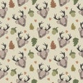 Seamless pattern with cute deers, autumn leaves and acorns